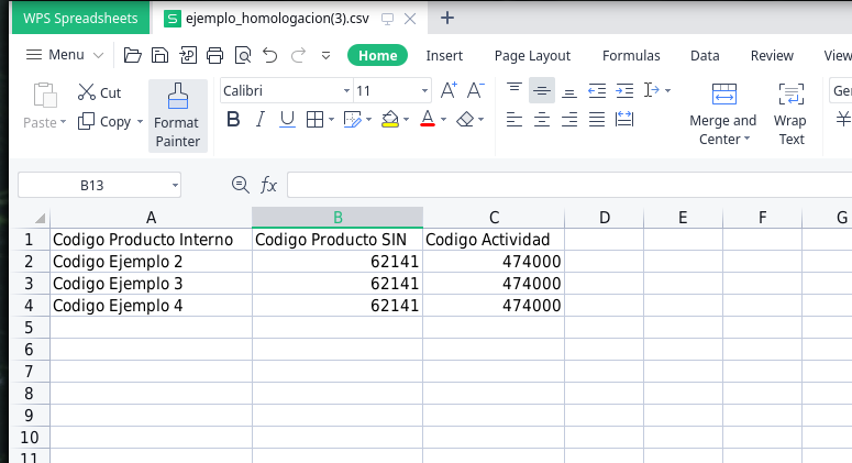 Example of filled homologation file in Excel