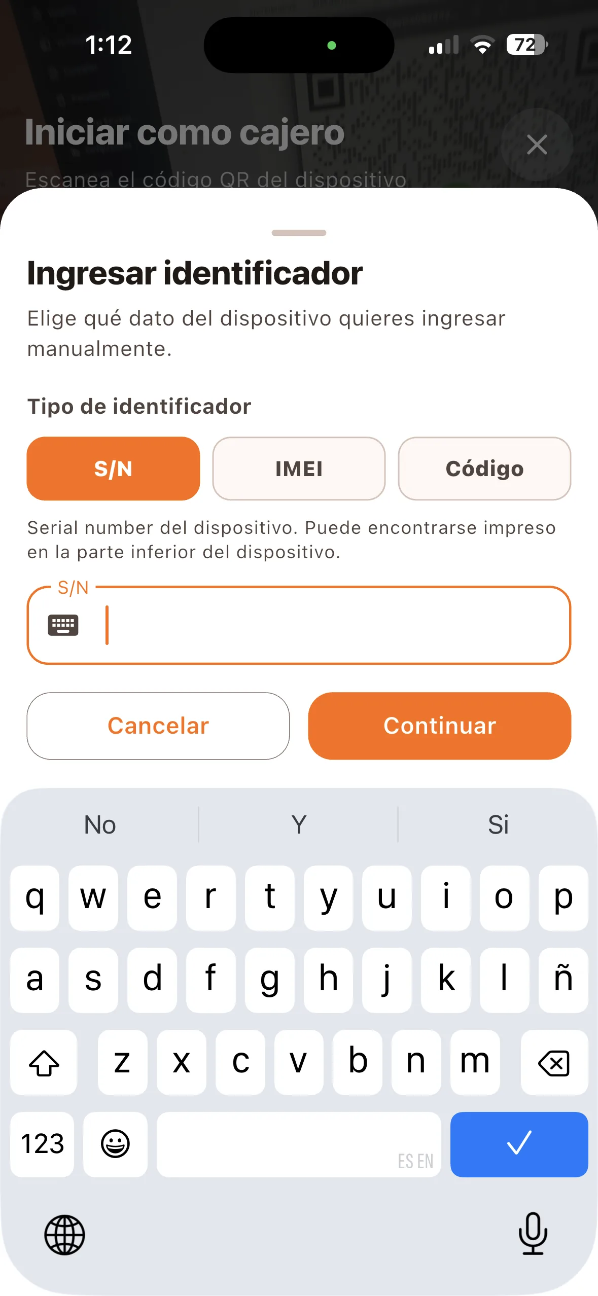 Pantalla de ingreso manual
