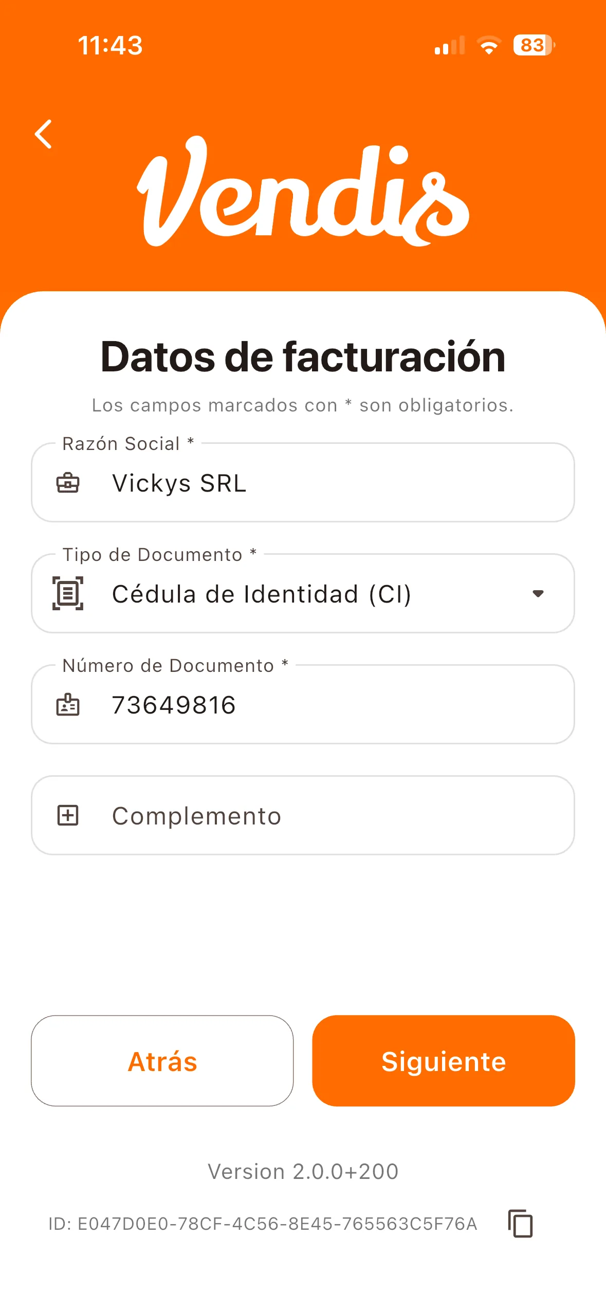 Formulario de datos de facturación completado
