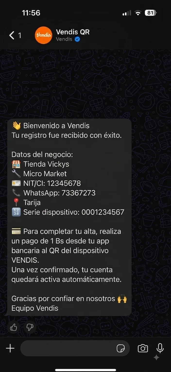 Mensaje de WhatsApp con los datos del registro