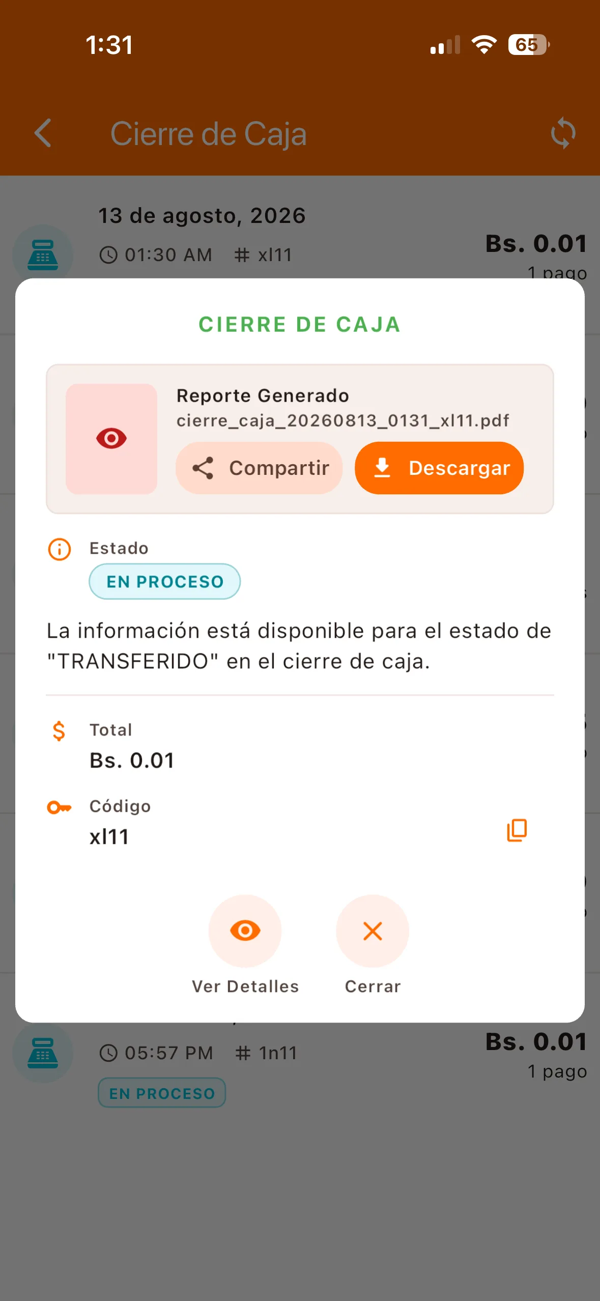 Notificación de cierre procesado