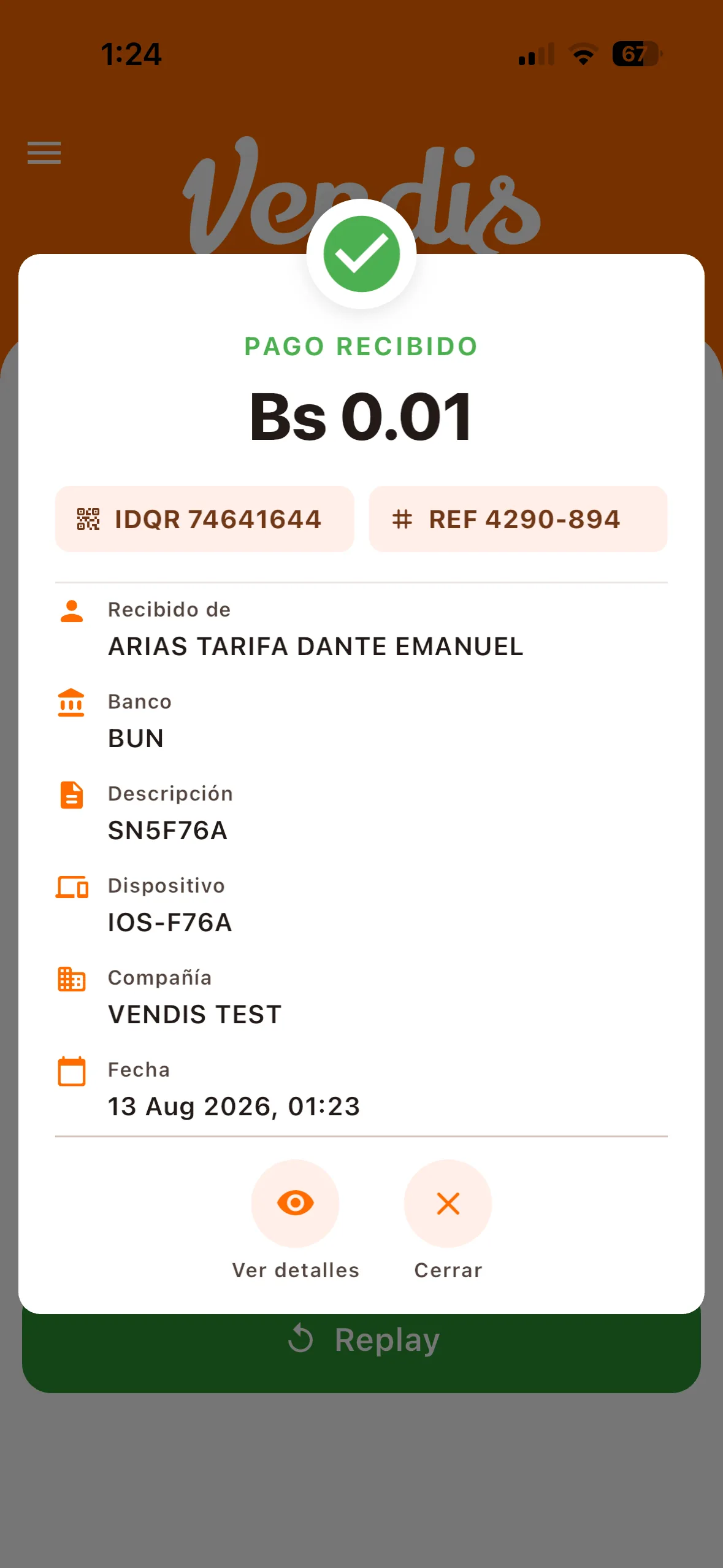 Confirmación de pago con los detalles visibles
