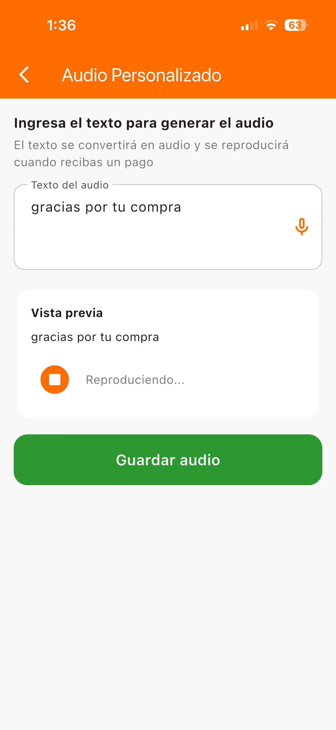 Pantalla con un audio ya configurado