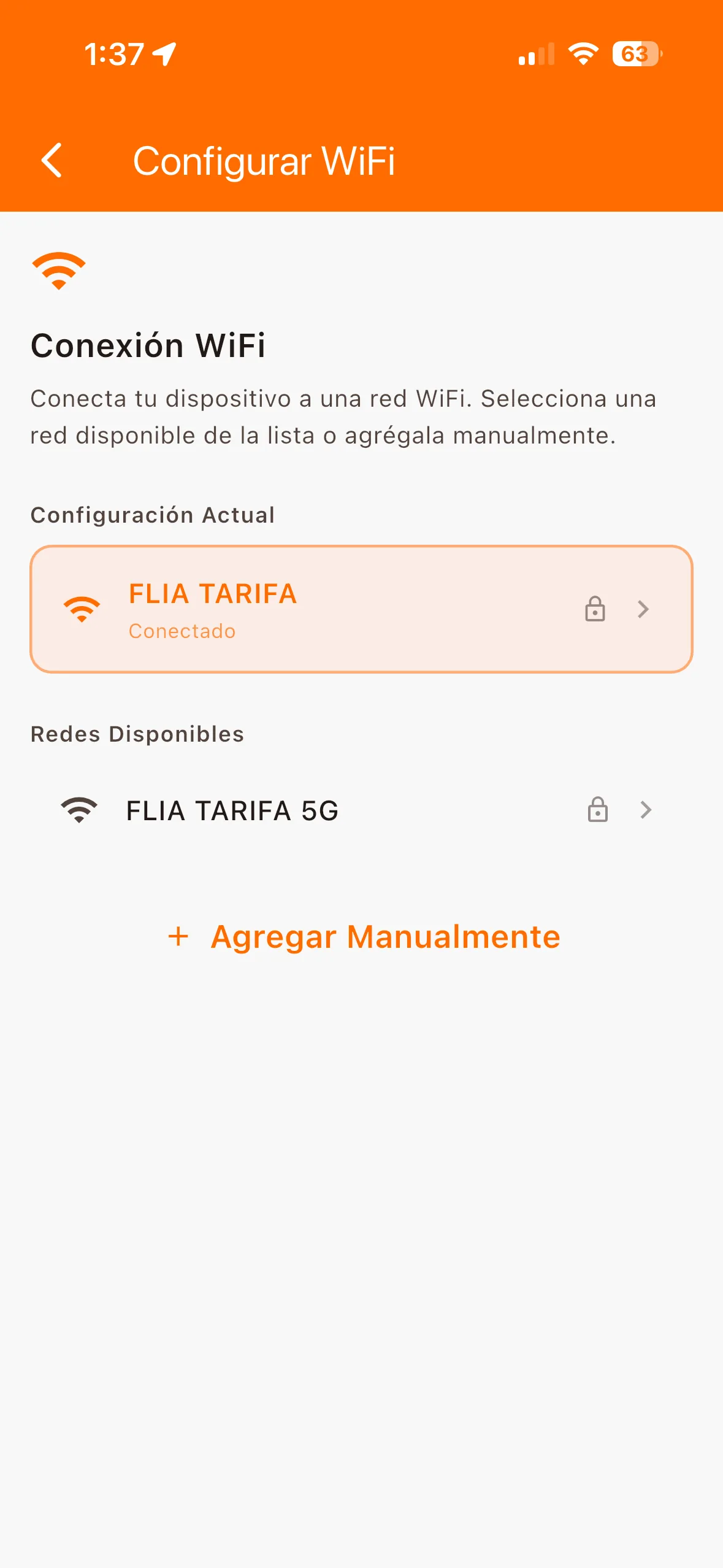Pantalla de configuración WiFi con la red conectada