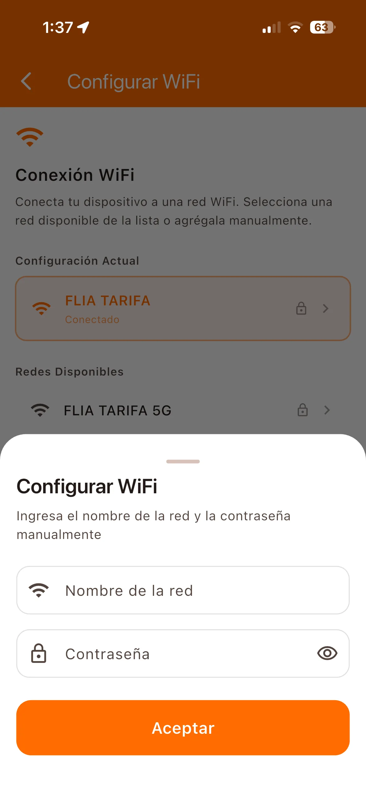 Formulario de conexión WiFi manual