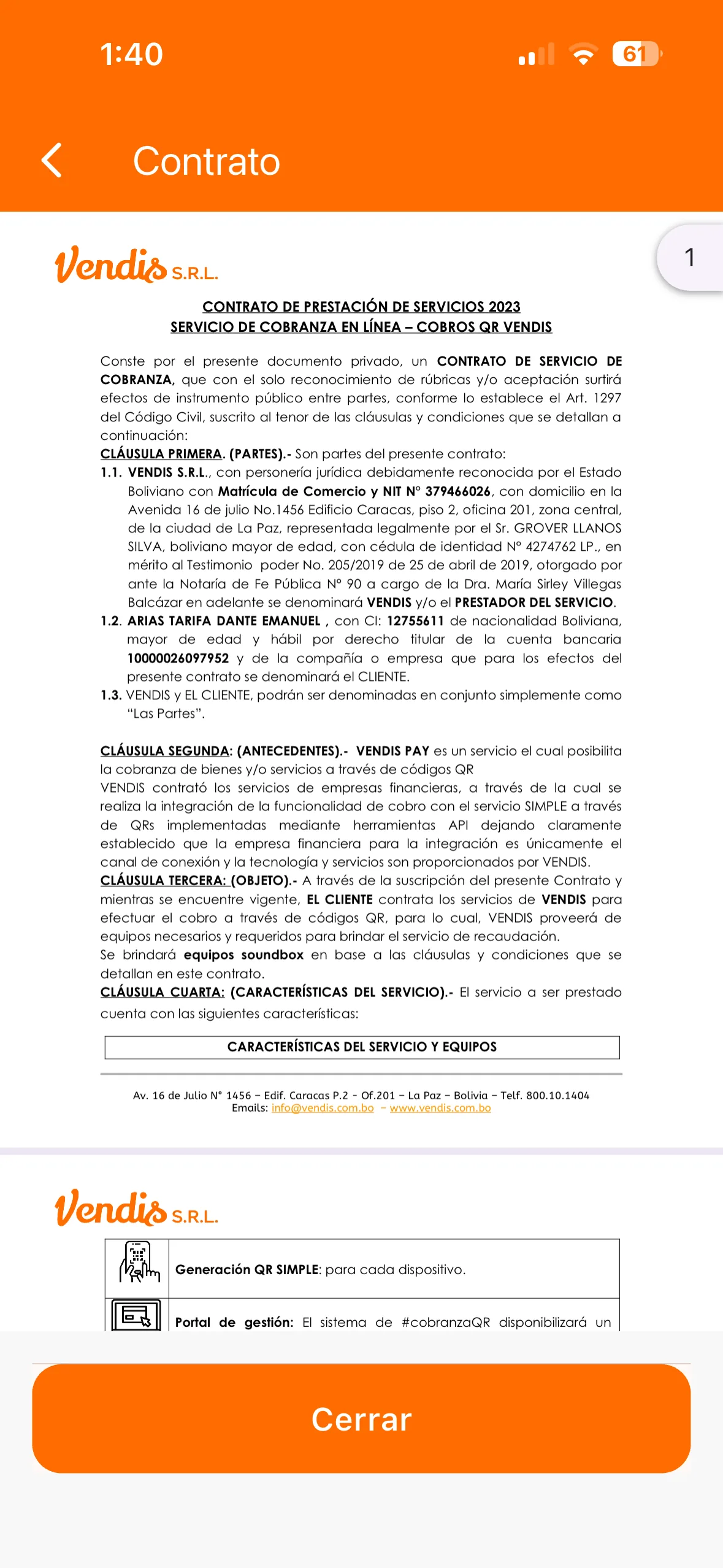 Pantalla del contrato