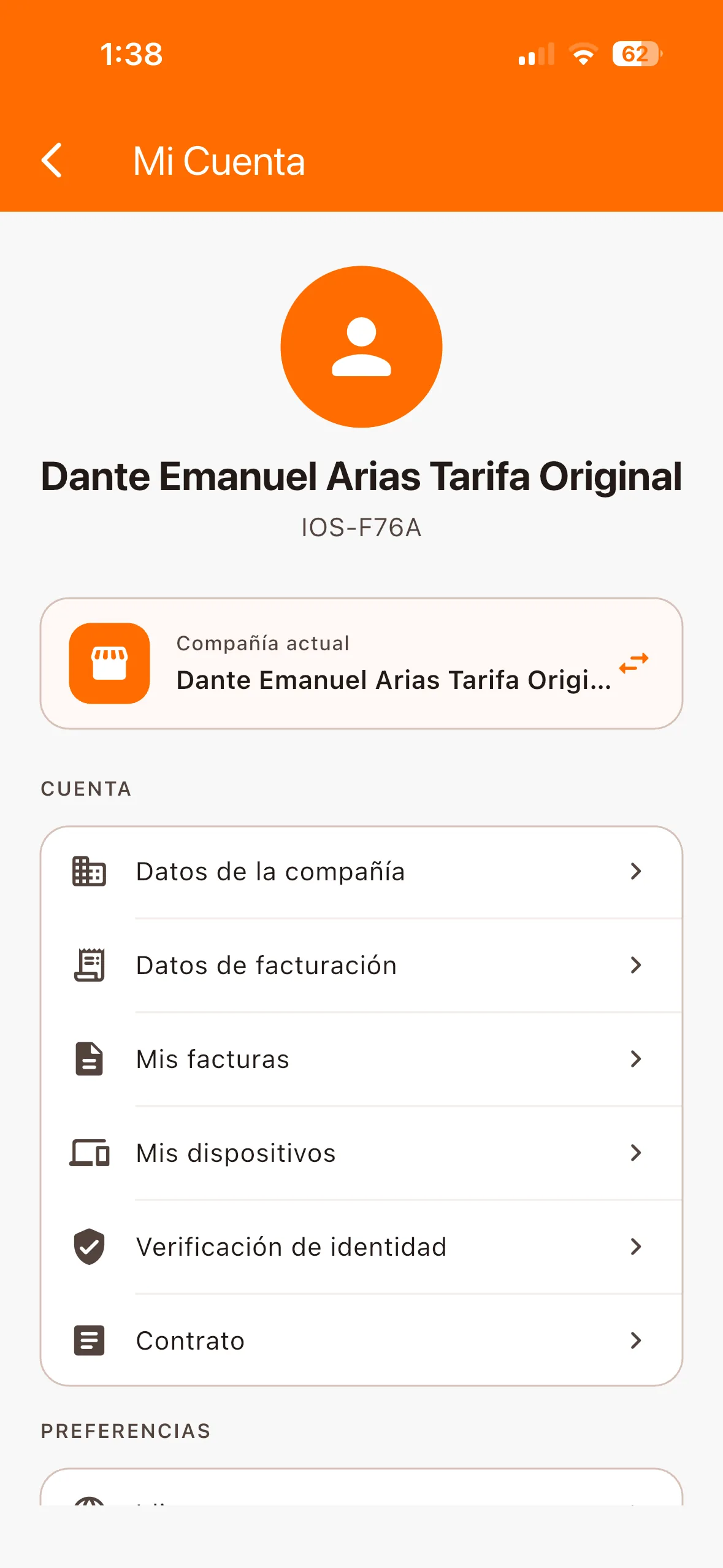Pantalla de Mi Cuenta con las opciones visibles