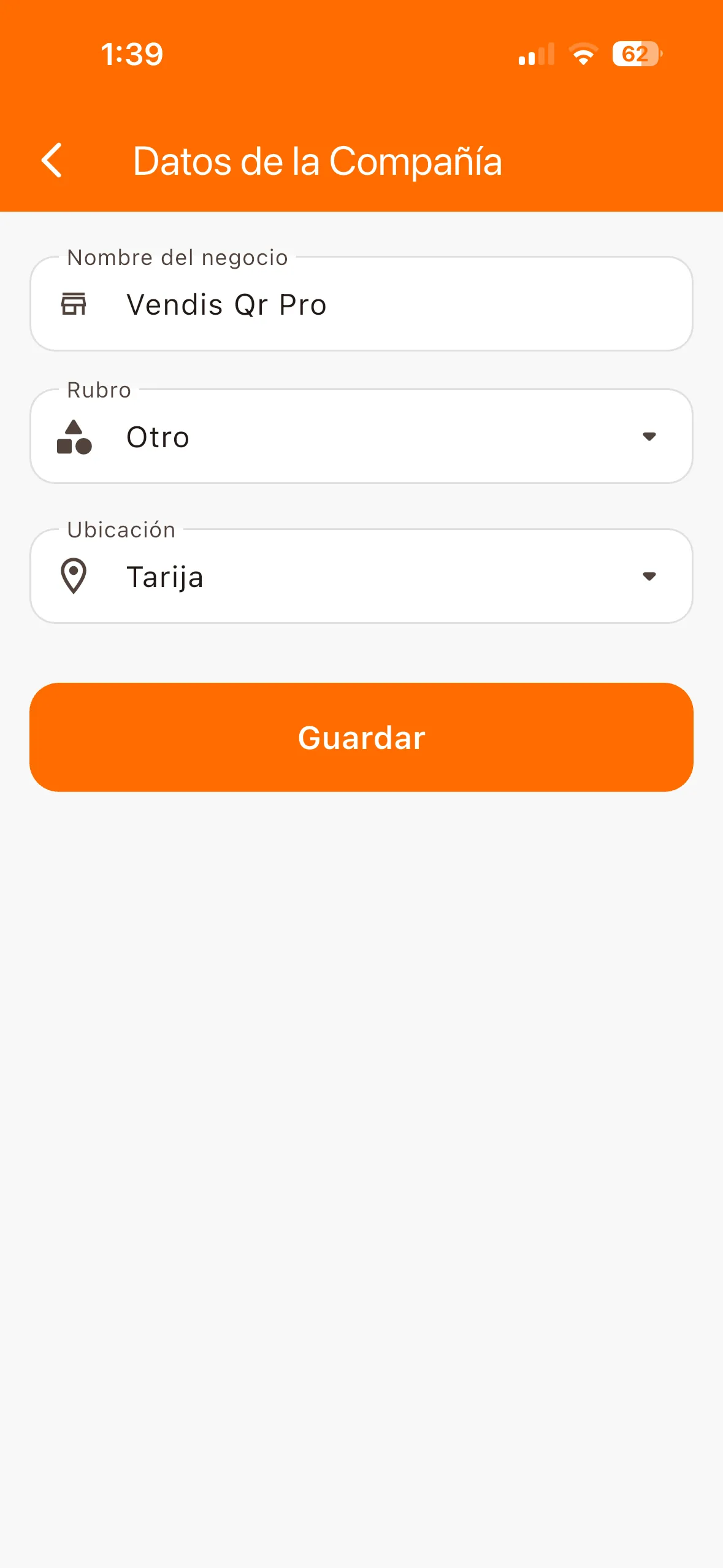 Pantalla de datos de la compañía