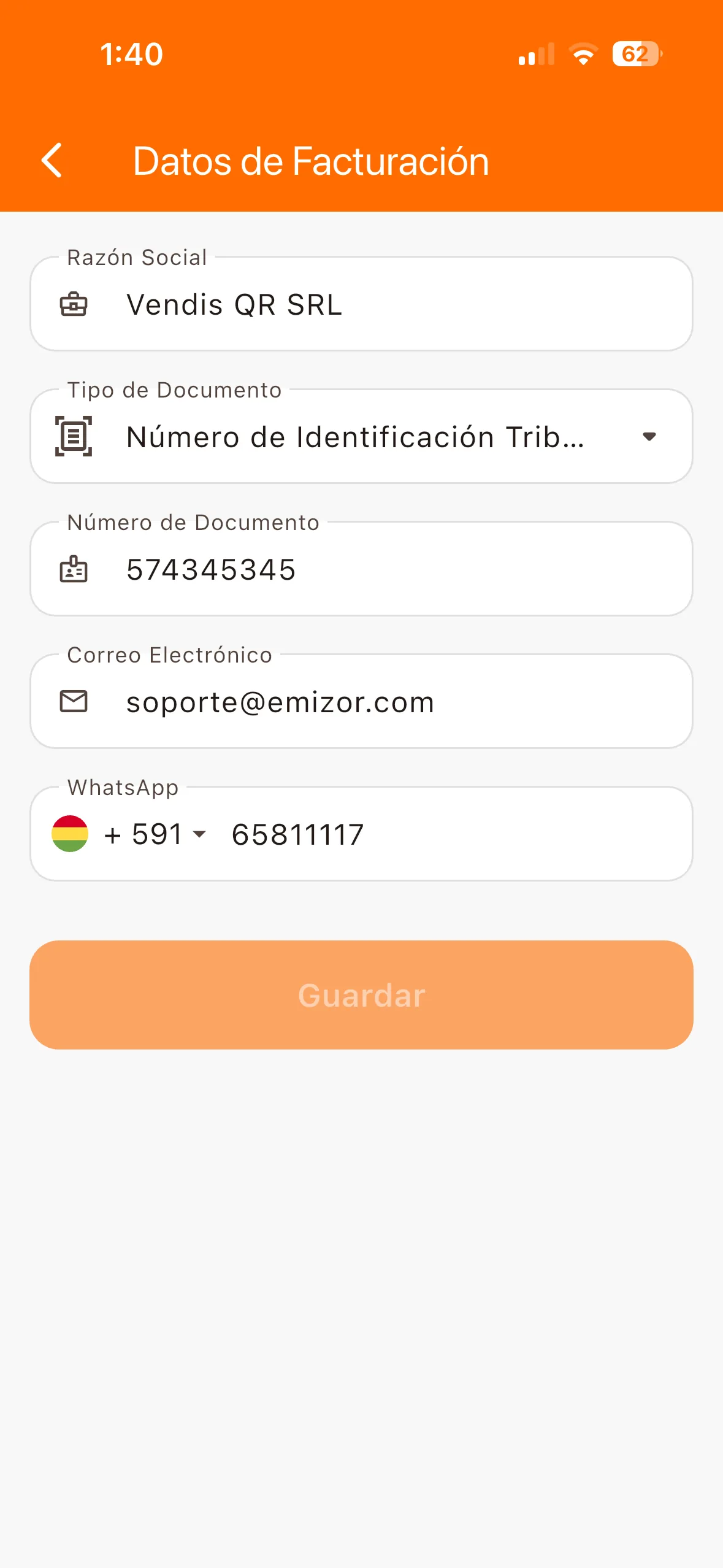 Pantalla de datos de facturación