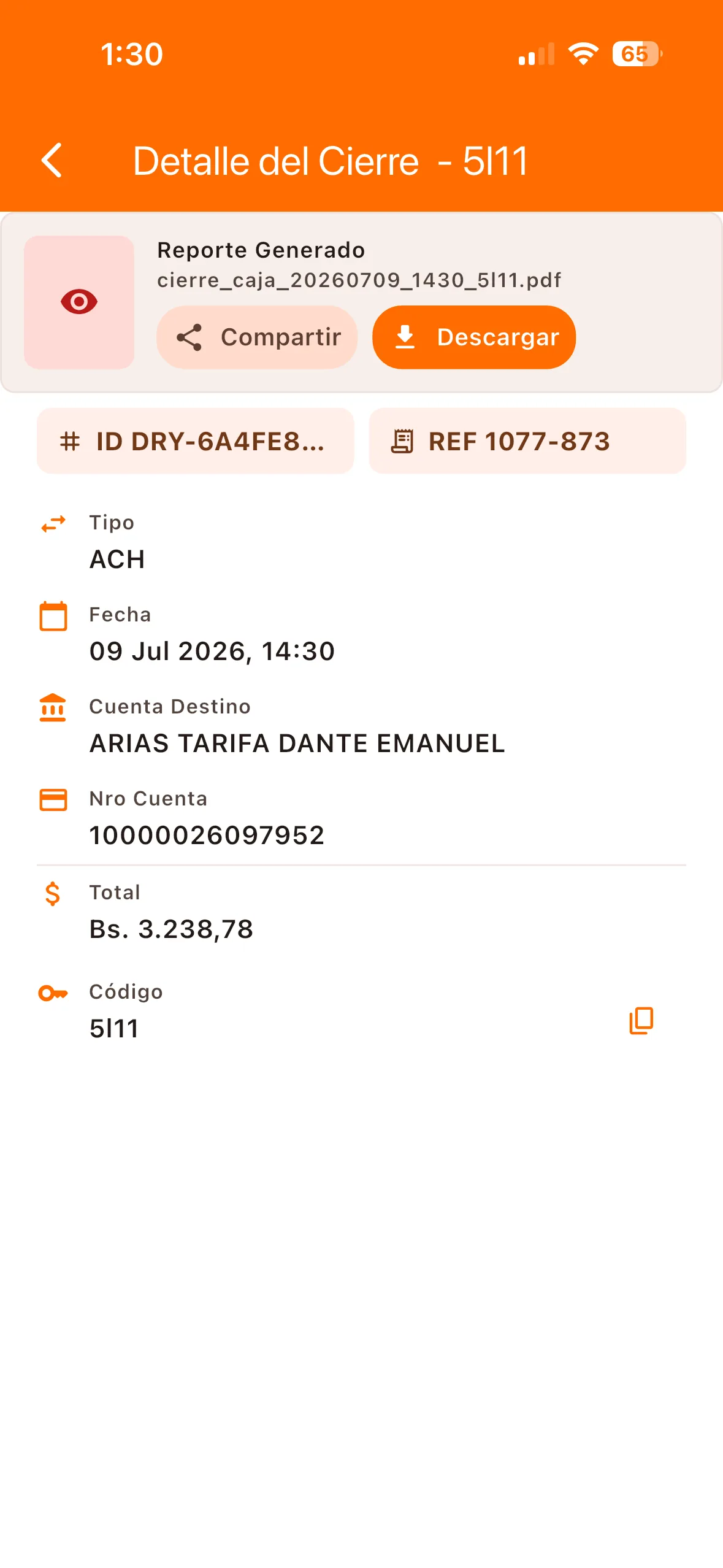 Detalle de cierre con resumen y reporte PDF