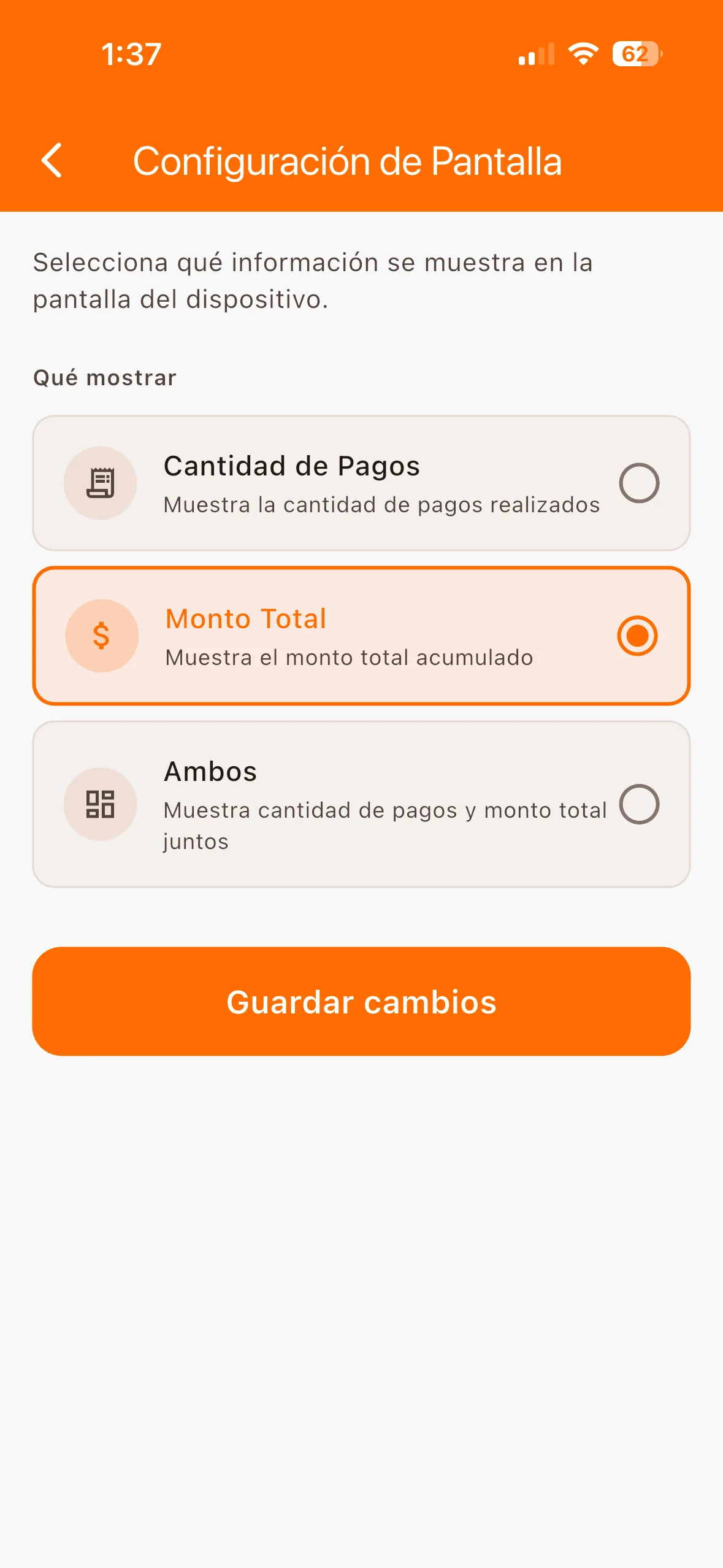 Opciones de selección de la pantalla