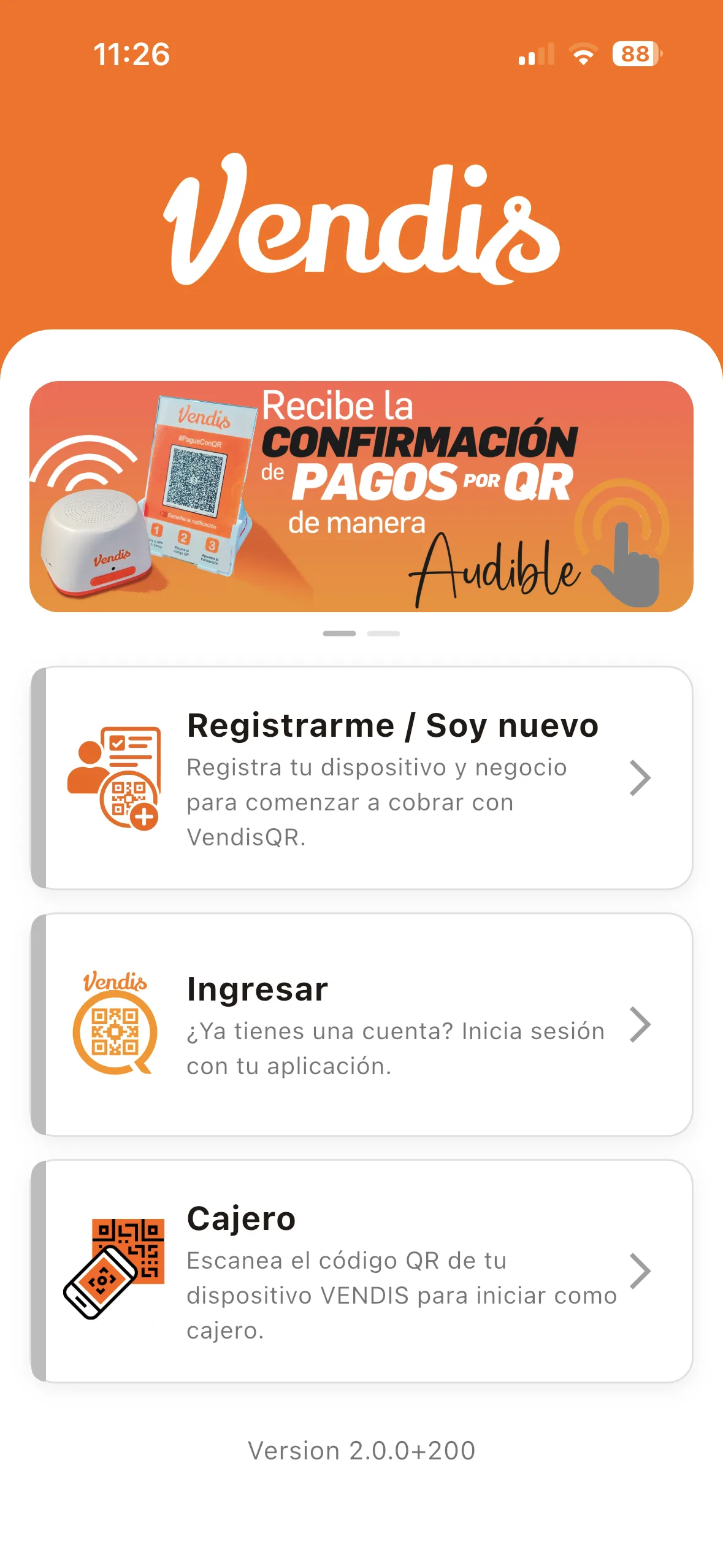 Pantalla de bienvenida con las 3 opciones