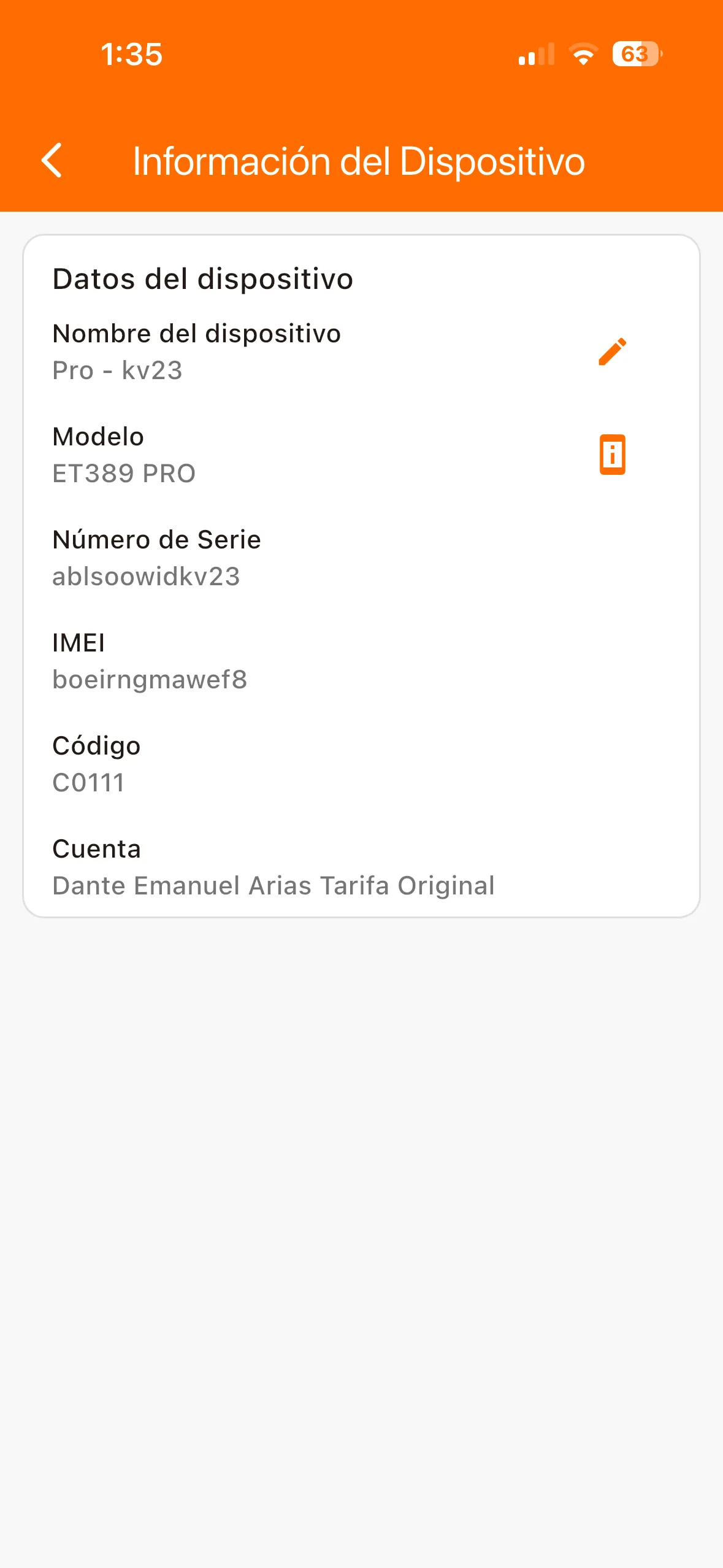 Pantalla de información del dispositivo