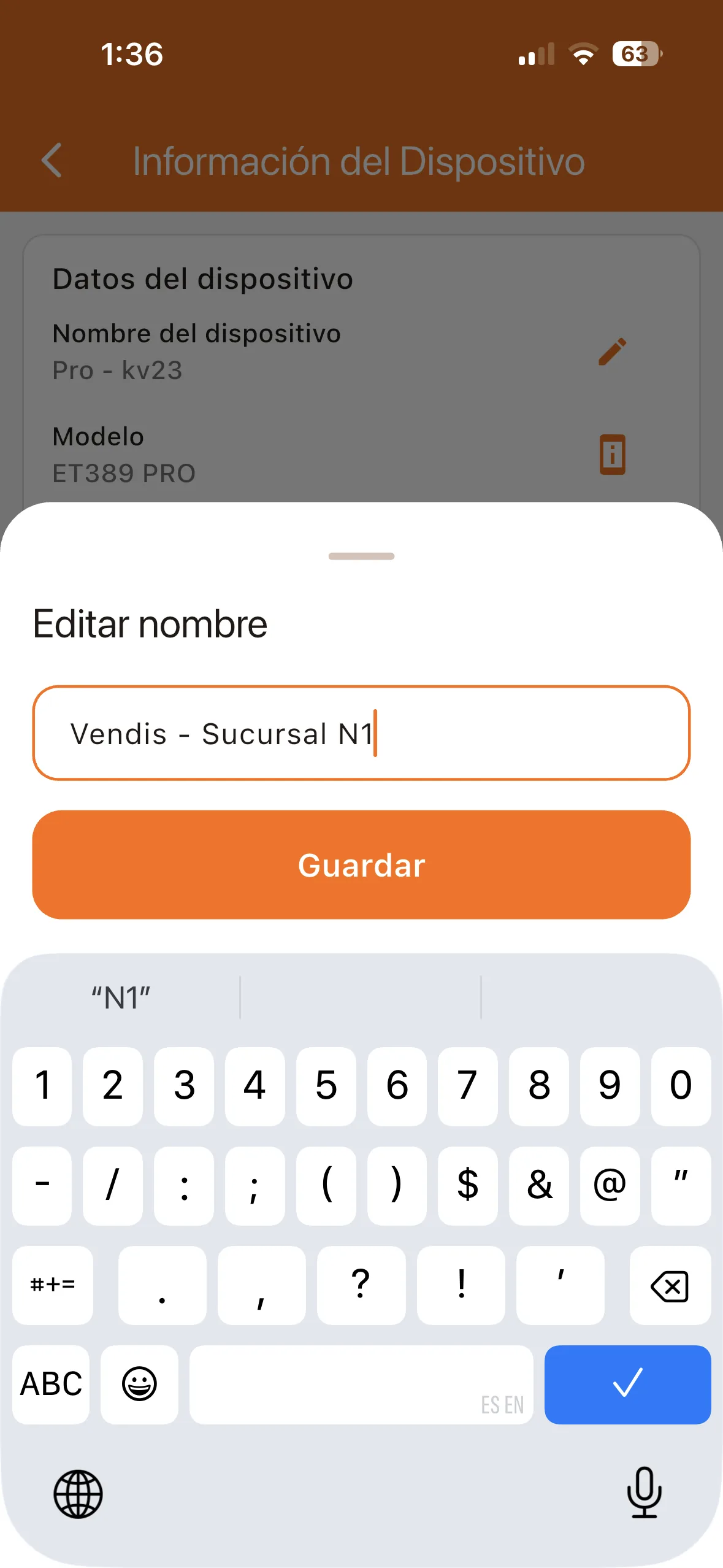 Ventana para editar el nombre del dispositivo