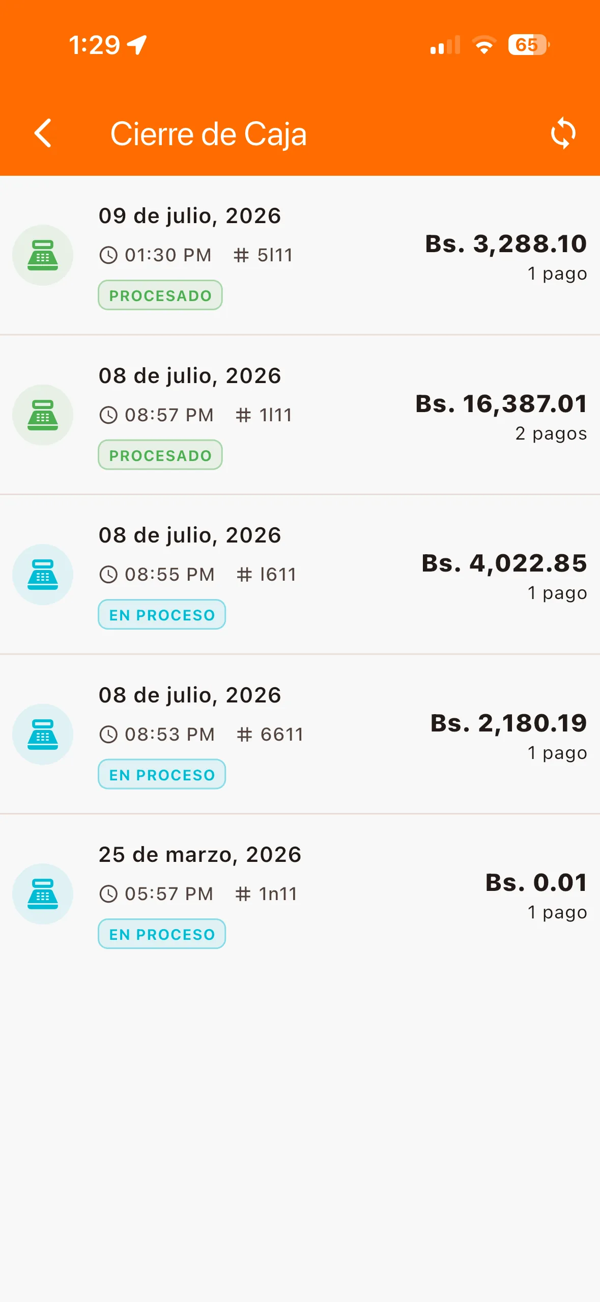 Lista de cierres de caja
