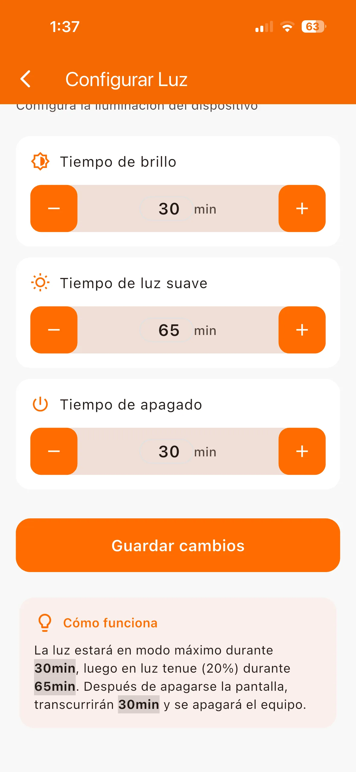 Tarjeta informativa de la configuración de luces