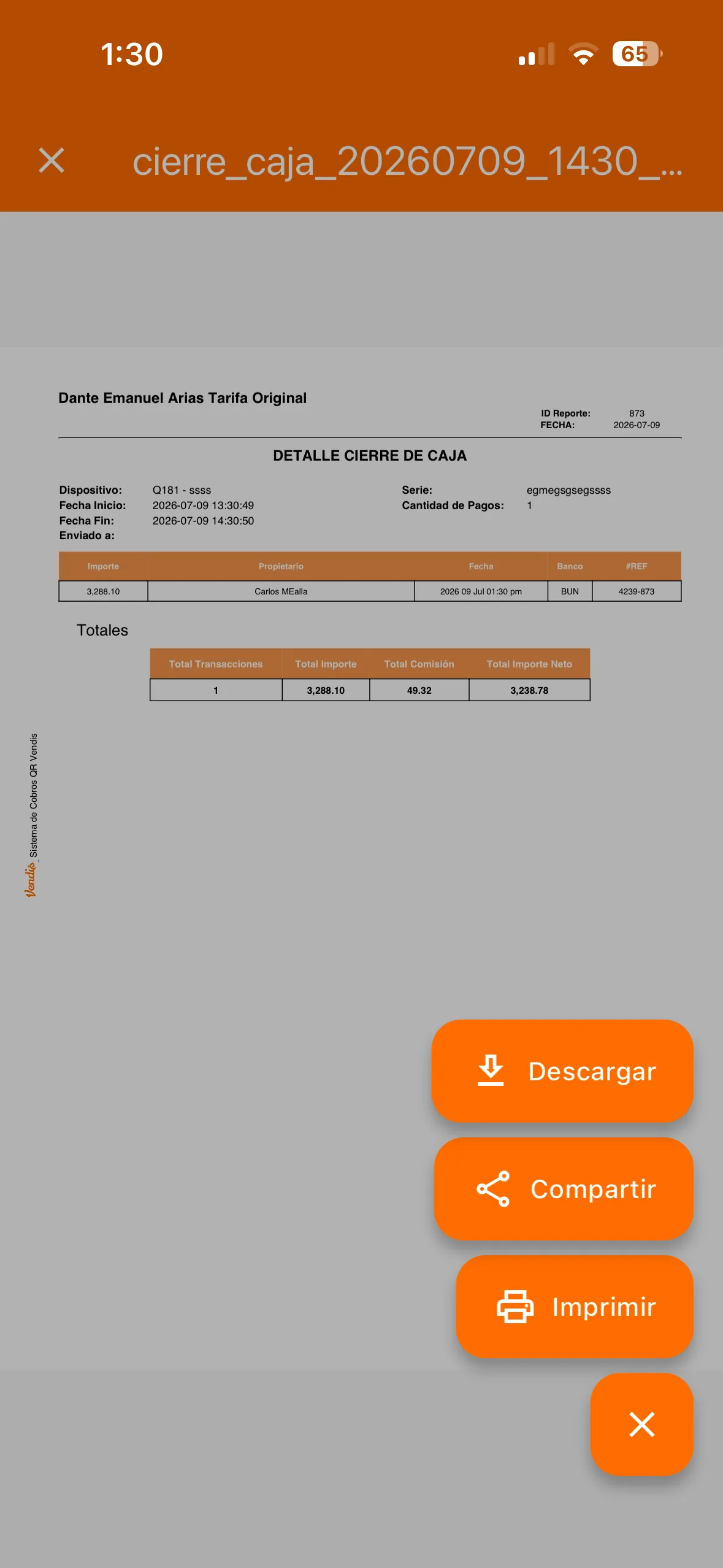 Botones de compartir, descargar e imprimir el reporte