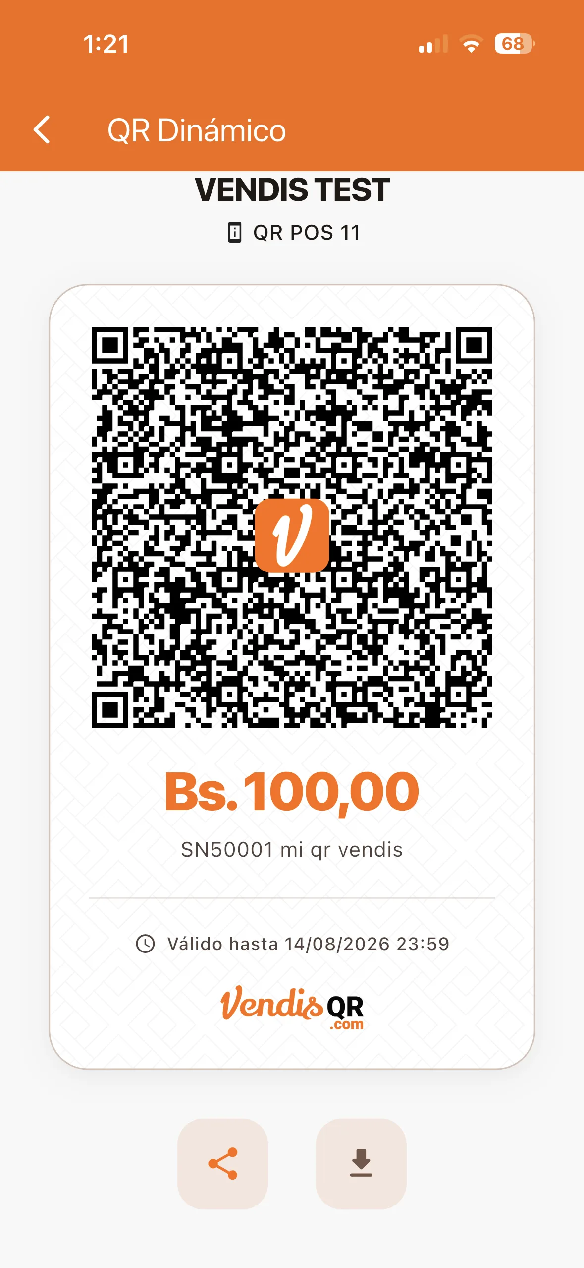QR Dinámico generado con el monto y botones de compartir