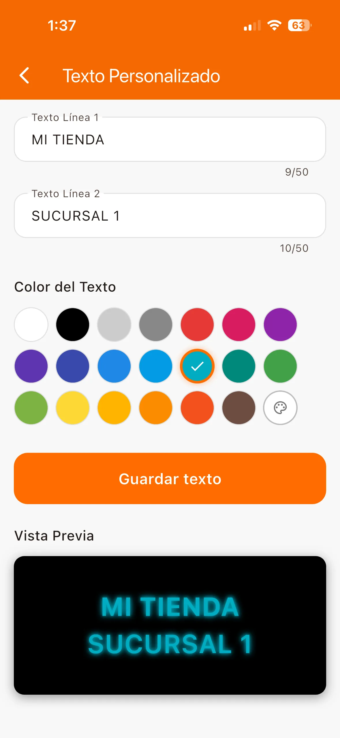 Pantalla de configuración de textos
